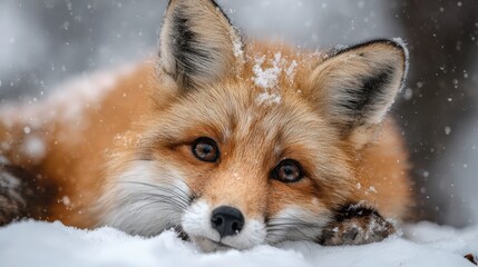 Obraz premium Beautiful Brightly Colored Fox Lying on Snow with Tender Emotional Mood