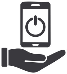 Hand holding smartphone with power button symbol, on, off concept