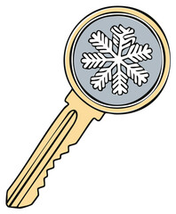 Golden key head featuring a white snowflake illustration symbolizing winter access or cold