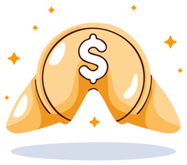 Sparkling golden fortune cookie with a dollar symbol representing financial luck wealth and success