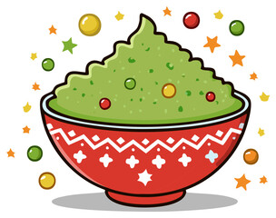 Festive guacamole in a decorative red bowl surrounded by colorful stars and spheres
