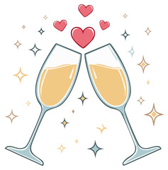 Champagne glasses toasting with hearts and sparkles, romance concept