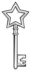 Vintage Key with Star Head, Decorative Magic Key Illustration, Outlined Design
