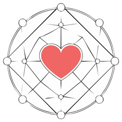 Red heart within interconnected geometric network diagram concept