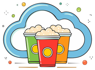 Three cartoon soda drinks in colorful containers, surrounded by cartoon cloud