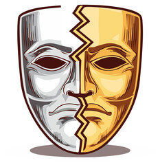 Broken Two-Faced Mask Featuring Gold and Silver Sides with Cracks