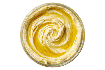Swirled creamy hummus and tahini dip with lemon and garlic with golden olive oil drizzled on top, isolated on white transparent background. Concept of healthy Mediterranean snack