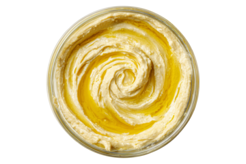 Swirled creamy hummus and tahini dip with lemon and garlic with golden olive oil drizzled on top, isolated on white transparent background. Concept of healthy Mediterranean snack