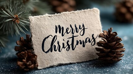 Postcard with Merry Christmas greeting surrounded by pine cones and snowy backdrop for festive winter season