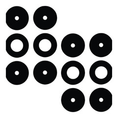 An abstract arrangement of black solid circles and hollow rings on a plain white background.