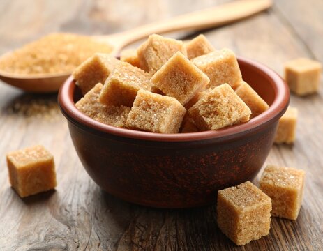 Close-up of brown sugar cubes in a bowl and spoon on a wooden table.