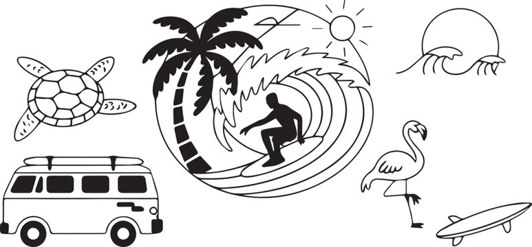 Vector art of retro surf and sun graphic elements with van and turtle