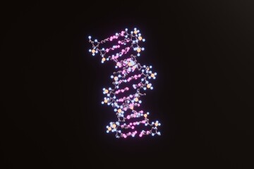 3D molecular visualization of the DNA double helix, created using Protein Data Bank data (PDB ID: 1BNA), and rendered with Blender, based on Drew, H.R. et al., Proc Natl Acad Sci U S A 78: 2179–2183.