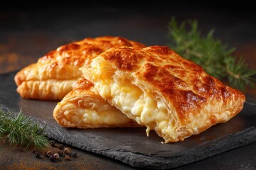Delicious cheese pastry served on a dark slate board with fresh herbs in the background
