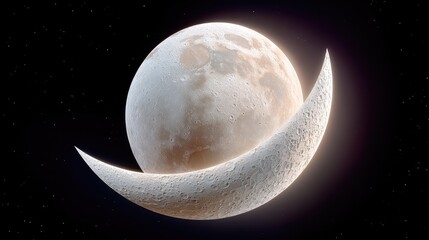 Detailed Close Up Of A Textured Crescent Moon With A Full Moon Orbiting In A Starry Black Night Sky With Soft Lighting