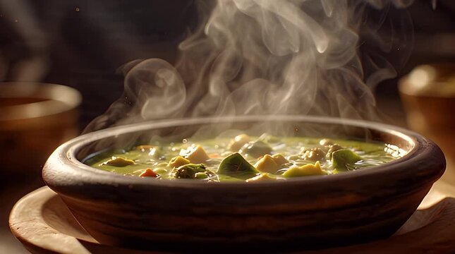 Steaming bowl of rich green curry, infused with aromatic spices and tender ingredients, promises a comforting and flavorful culinary experience
