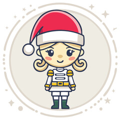 Cute Christmas Girl Soldier: Cartoon Character with Santa Hat and Uniform