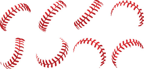 Baseball red seam set, isolated stitch curve collection, sports ball thread design, vector illustration for motion graphics, branding, and decoration