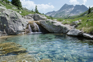 A mountain-fed spring with crystal-clear water cascading into a small pool