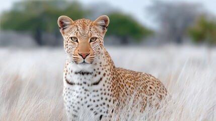 Obraz premium Detailed Wildlife Portrait of a Leopard Resting in Tall Dry Grass with Green Trees in the Soft Blurred Background Under Natural Daylight
