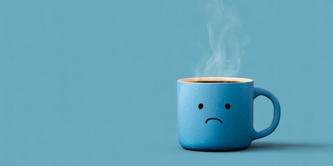 Sad Blue Coffee Cup Steaming on Blue Background