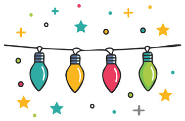Colorful Christmas party light garland with festive stars and confetti doodle