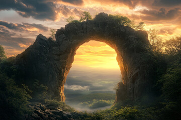 A mystical gate carved into a rock arch, leading to another world