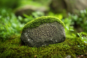 A mystical moss-covered stone with ancient runes embedded in it