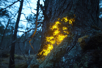 A mystical tree where the lichen pulses with a magical glow