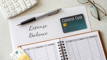 Expense balance sheet with calculator, credit card, and notebook for financial management and budgeting in a modern workspace