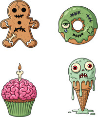 Halloween spooky desserts, zombie donut, creepy gingerbread cookie, brain cupcake, monster ice cream cone, horror cartoon illustration, scary festive food artwork