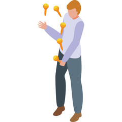 Pixel Art Man Juggling Yellow Pins with Transparent Background Isometric View Light Blue Shirt Grey Pants Brown Shoes Skill Performance