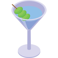 Pixel Art Martini Glass With Three Green Olives On A Skewer And Transparent Background
