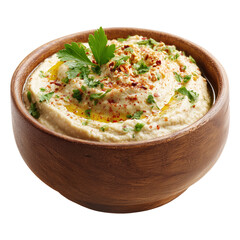 Mutabbal creamy baba ganoush roasted eggplant puree with tahini and lemon served in wooden bowl, garnished with parsley and olive oil, isolated on white transparent background, concept of healthy food