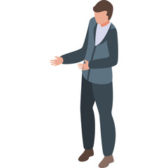 Pixel Art of a Man in a Blue Jacket and Dark Pants Standing with Open Arms in a White Background Displaying a Flat Isometric Graphic Style