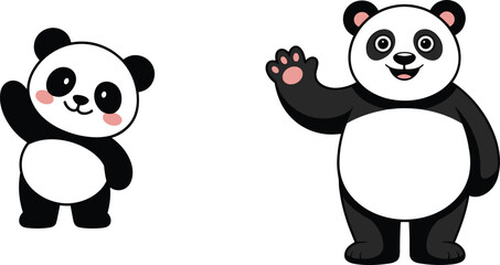 Cute cartoon panda duo waving happily – adorable black and white panda illustration for kids, stickers, posters, and digital art