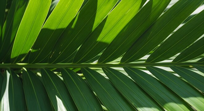 Close-up of vibrant green palm fronds casting intricate shadows, showcasing nature's beauty and pattern