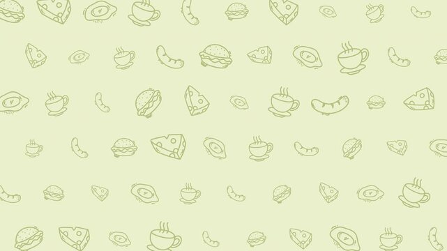 Food pattern animation seamless doodle food icons background breakfast suitable for digital design, menu graphics, website backgrounds, and culinary branding