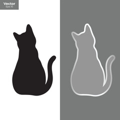 Silhouette of a black cat and a grey cat with white outline sitting on a split background