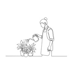 Person misting indoor garden plants in line art symbolizing care and mindfulness