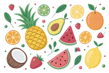 Set of tropical fruits vector illustration of summer food isolated des