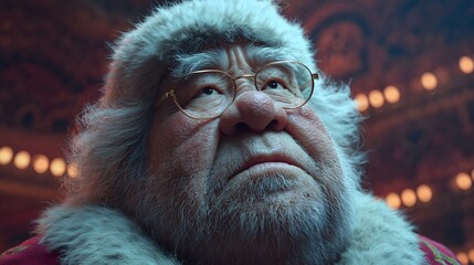 Portrait of an Asian man wearing a fur-lined coat, standing in a festive setting with warm lighting