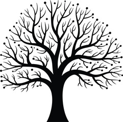 Minimalist tree silhouette, abstract botanical design, black and white artwork, symmetrical branches with circular nodes, modern nature illustration, decorative vector