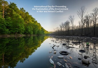 Polluted river contrasted with lush green forest on international day