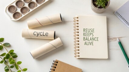 Eco-friendly workspace with notebook, recycled paper tubes, small plant, and stationery on a clean desk for sustainable living ideas