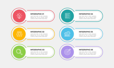 6 Steps Business Infographics Template with Colorful Icons for Presentation and Project Management. Vector illustration.