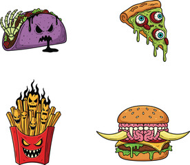 Monster fast food, zombie taco, creepy pizza slice, evil French fries, grotesque hamburger, horror cartoon illustration, Halloween spooky food artwork
