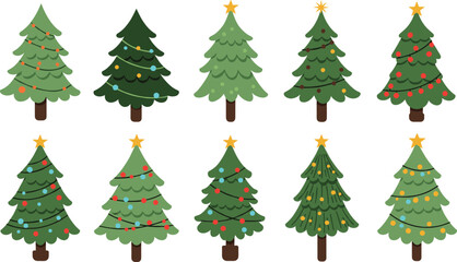 Christmas tree collection, festive holiday decoration set, stylized pine trees with ornaments, garlands, stars, winter celebration elements, vector illustration pack