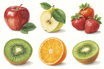 Watercolor fruit collection apple pear strawberry kiwi orange fresh