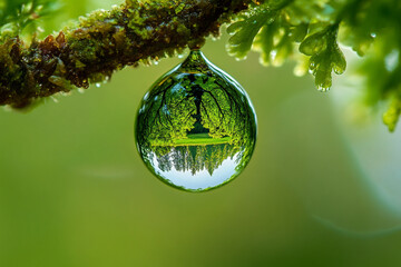A surreal reflection inside a dewdrop, showing a parallel world